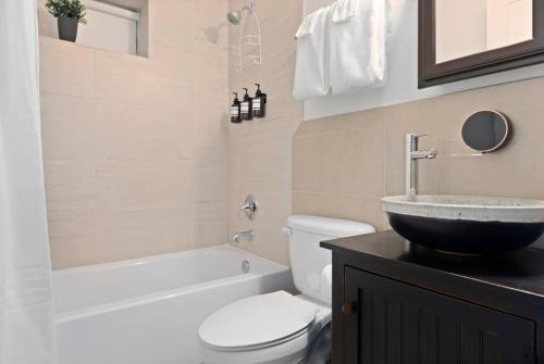 uma casa de banho com um lavatório, um WC e uma banheira em Upscale 2BR Apartment with Patio em Washington
