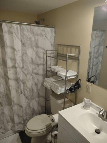 a bathroom with a shower curtain and a toilet and a sink at Everything you need in Leesville