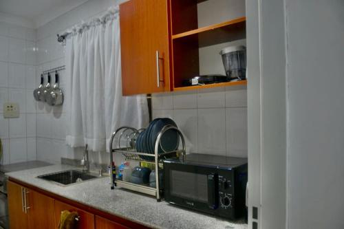 a kitchen with a sink and a microwave at Atlantic Court Apartment in Abuja