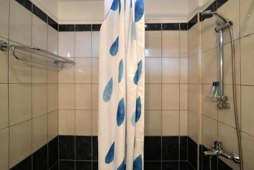 a shower with a blue and white shower curtain at Studios Λύδια in Paralía Skotínis