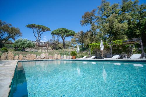 une grande piscine avec des chaises et des arbres dans l'établissement Relais du vieux sauvaire, au Lavandou