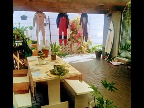 een kamer met een tafel met planten en surfplanken bij Zagorski bed and breakfast in Kaapstad