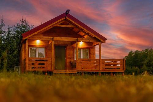 a wooden cabin in the middle of a field at Puchata Chata - Mazury in Pozezdrze