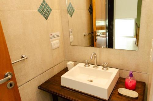 a bathroom with a white sink and a mirror at Las Camelias Apart in Chascomús