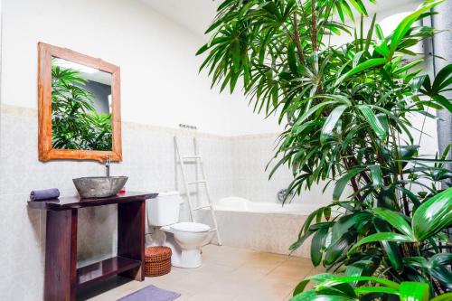 a bathroom with a toilet and a mirror and plants at Villa CRIS - Heart of LEGIAN 3 Bedrooms, 3 Bathrooms in Legian