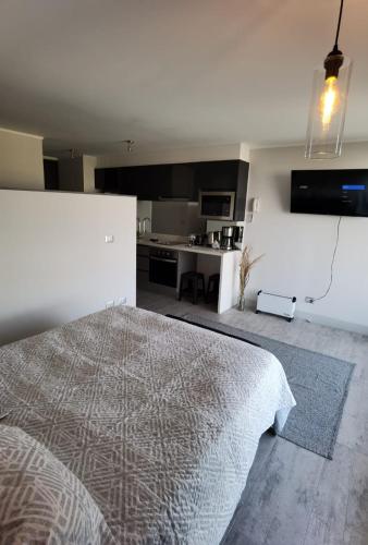a bedroom with a bed and a kitchen at Exquisito Departamento a pasos de la playa en mejor sector de Reñaca y Concón in Concón