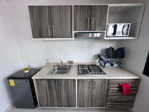 a small kitchen with a sink and a stove at Hotel Bungalows Casa Blanca in Tenancingo de Degollado