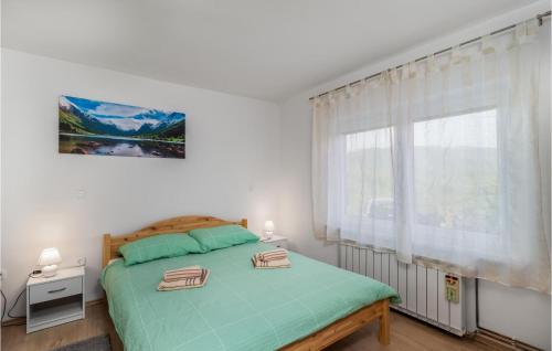 a bedroom with a green bed with a window at 2 Bedroom Lovely Apartment In Fuzine in Fužine