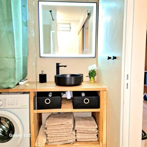 een badkamer met een wastafel en een wasmachine bij Studio P'ti Boucan in Saint-Gilles-les-Bains