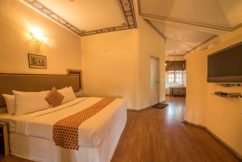 a hotel room with a bed and a flat screen tv at Vijayshree Resort, Hampi in Hampi