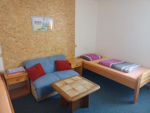 Habitación con 2 camas, silla y mesa. en Apartmán Bokova chata en Nové Hutě