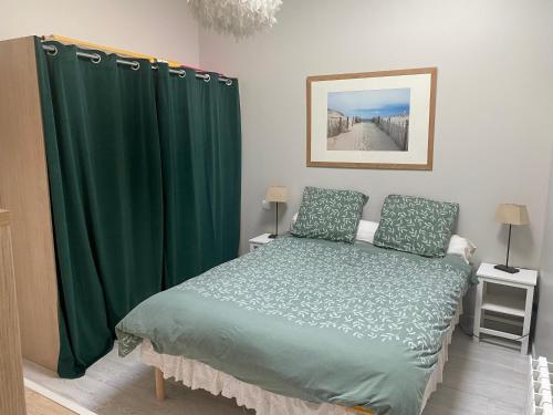 メリニャックにあるLa Chambre de Veyrinesのベッドルーム(緑のカーテン、ベッド付)