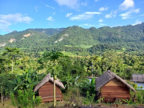 two wooden huts in front of a mountain at Naga Lodge in Luang Prabang