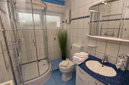 a bathroom with a sink and a toilet and a shower at Ferienwohnung am alten Weinberg in Bad Berleburg