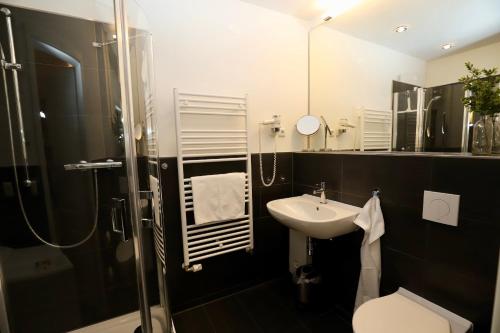 a bathroom with a sink and a toilet and a shower at Ferienwohnung4 im Haus Möwe in Thiessow