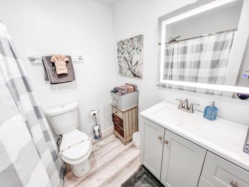 a bathroom with a toilet and a sink and a mirror at Gaslamp 2bdrm - W Parking & 5 Beds #403 in San Diego