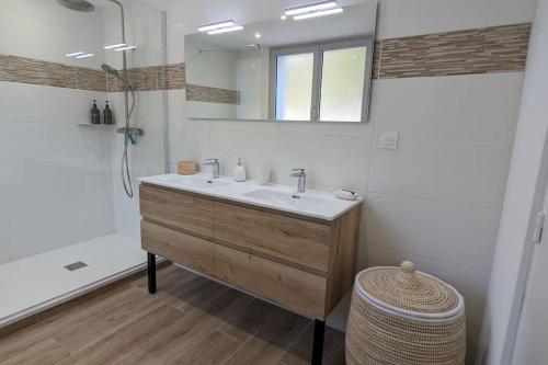 a bathroom with a sink and a mirror at Maison au bord de la rivière Aveyron - Bruniquel in Bruniquel