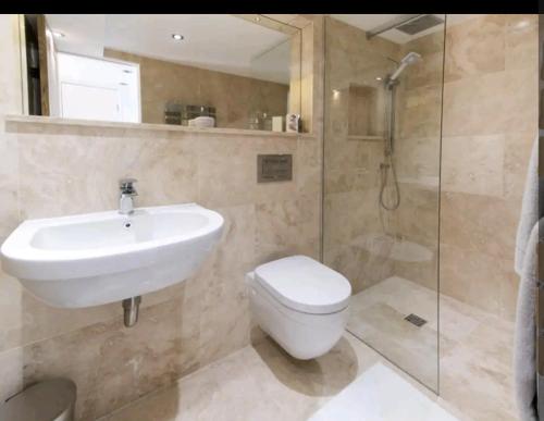 a bathroom with a sink and a toilet and a shower at The loft at Mayfield, Harrogate in Harrogate