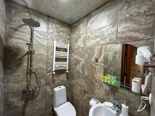 a bathroom with a shower and a toilet and a sink at Hotel VIM in Sighnaghi in Sighnaghi