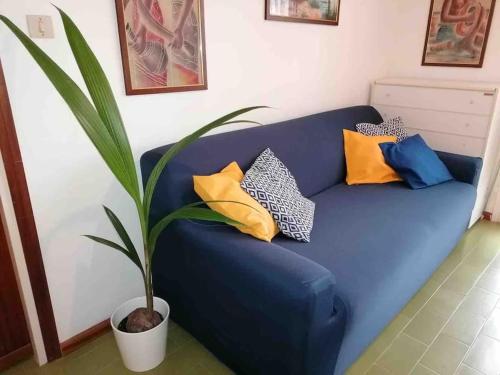 a blue couch with colorful pillows and a plant at Immobile Vintage a Grado Pineta in Grado-Pineta
