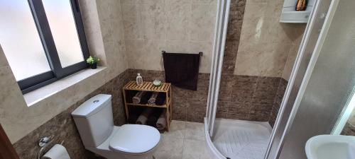 a bathroom with a toilet and a shower at Large Apartment in Marsascala. sleeps 6 in Marsaskala
