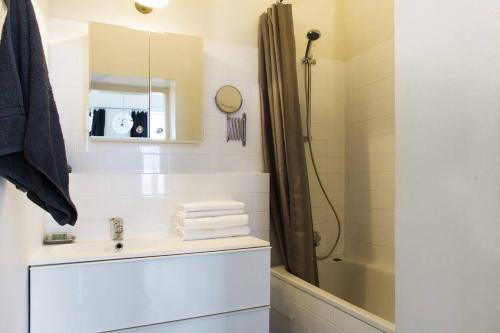 維爾紐斯的住宿－LOFT STYLE APARTMENT in the centre of VILNIUS，一间带水槽和淋浴的浴室