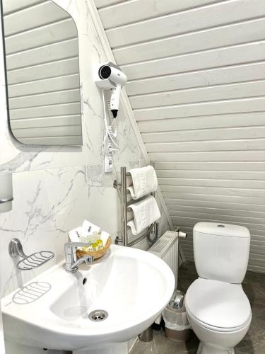a bathroom with a white sink and a toilet at Salut in Bukovel