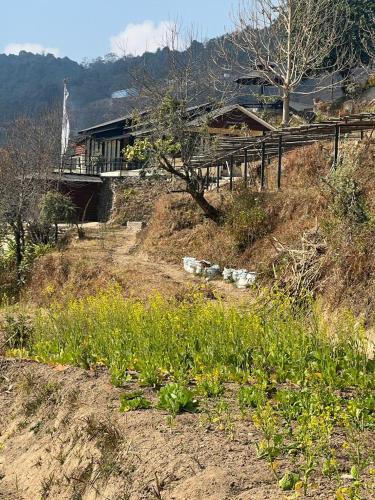 a house on the side of a hill with flowers at Prakriti Resort and Organic Farm Pvt. Ltd. in Burhānilkantha