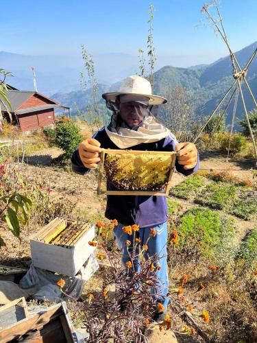 a man holding up a box of bees at Prakriti Resort and Organic Farm Pvt. Ltd. in Burhānilkantha