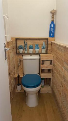 La salle de bains est pourvue de toilettes avec un siège bleu. dans l'établissement Villa Marquise, à Canet