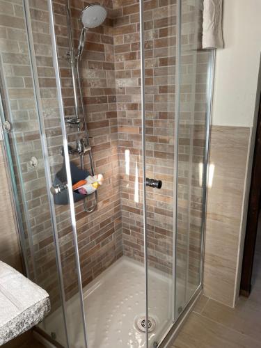 a shower with a glass door in a bathroom at La Casetta in San Nicolò dʼArcidano