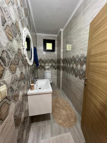 uma casa de banho com um lavatório e um espelho em alsaleh mersin villa em Trabzon