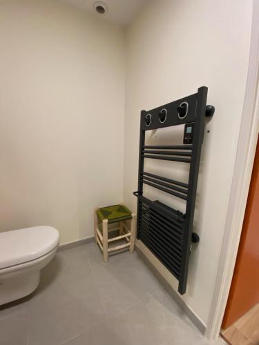 ein Badezimmer mit einem WC und einem Handtuchhalter in der Unterkunft Bubble rooms Chambres confortables en plein centre de Dieulefit in Dieulefit