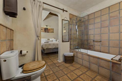 a bathroom with a toilet and a tub and a bed at Tingafa - Apartamento rural con piscina in Las Breñas
