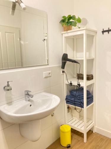ein Bad mit einem Waschbecken und einem Spiegel in der Unterkunft Alte Heimat in Schwegenheim