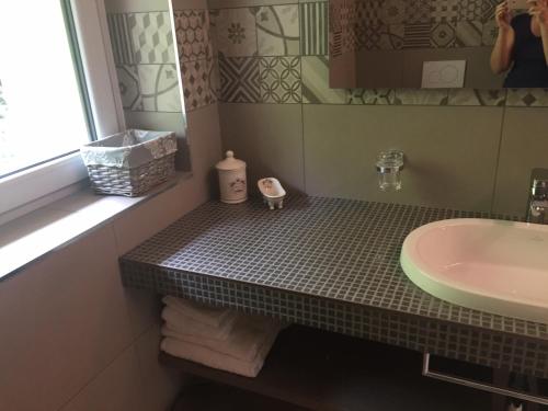 a bathroom with a sink and a counter with a sink at Villa Elysium in Torri del Benaco