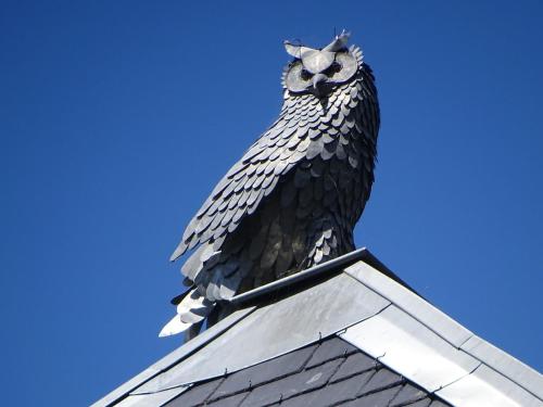 un hibou assis au-dessus d'un toit dans l'établissement la Tour du Grand DUC, à Cenne-Monestiès