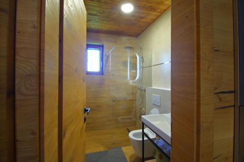 a bathroom with a shower and a toilet and a sink at Apartmán A1 Hrabušice in Hrabušice