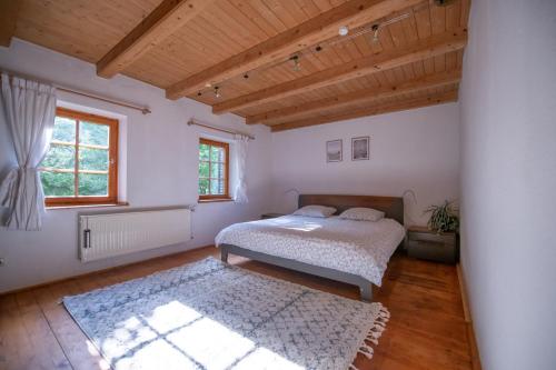 ein Schlafzimmer mit einem Bett und einer Holzdecke in der Unterkunft Hermann Cottage in Keszthely
