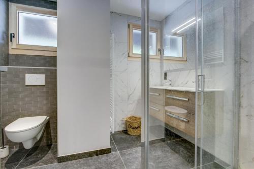 a bathroom with a toilet and a glass shower at Chevruls A14 in Morzine