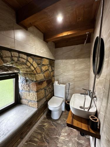 a stone bathroom with a toilet and a sink at Къща за гости ,,Горски полъх” 