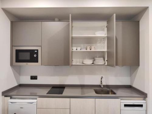 a kitchen with a sink and a microwave at Estudio en Villanubla in Villanubla