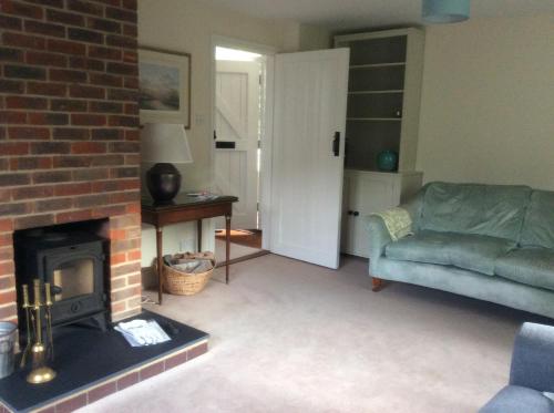 a living room with a couch and a fireplace at Secluded cosy cottage in Newbury
