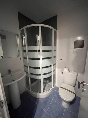 La salle de bains est pourvue d'une douche, de toilettes et d'un lavabo. dans l'établissement Apartamento Villanubla, à Villanubla