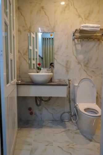 a bathroom with a toilet and a sink and a mirror at Hotel Hoai Anh in Vung Tau