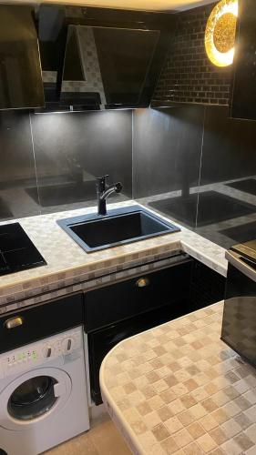 une cuisine avec un évier et une machine à laver dans l'établissement Superbe Duplex au Coeur de Montorgueil, à Paris