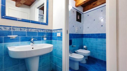 a blue bathroom with a sink and a toilet at Porto Centro Storico Spiaggia Wi-Fi&Self Check-in in Castellammare del Golfo