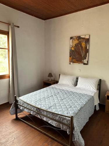 1 dormitorio con 1 cama y una pintura en la pared en Flampoura Apartments, en Preveza