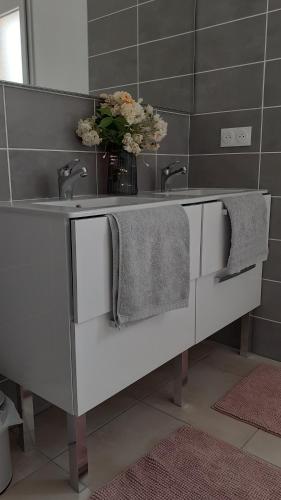 ein Badezimmer mit zwei Waschbecken und einer Vase aus Blumen in der Unterkunft La Bucolique in Simandre