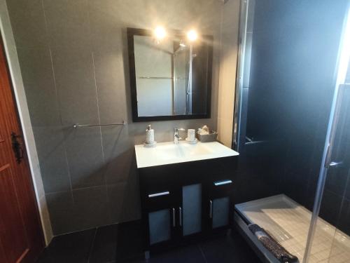 a bathroom with a sink and a shower with a mirror at 6 Mourisca - Casas & Papéis in Lagoa